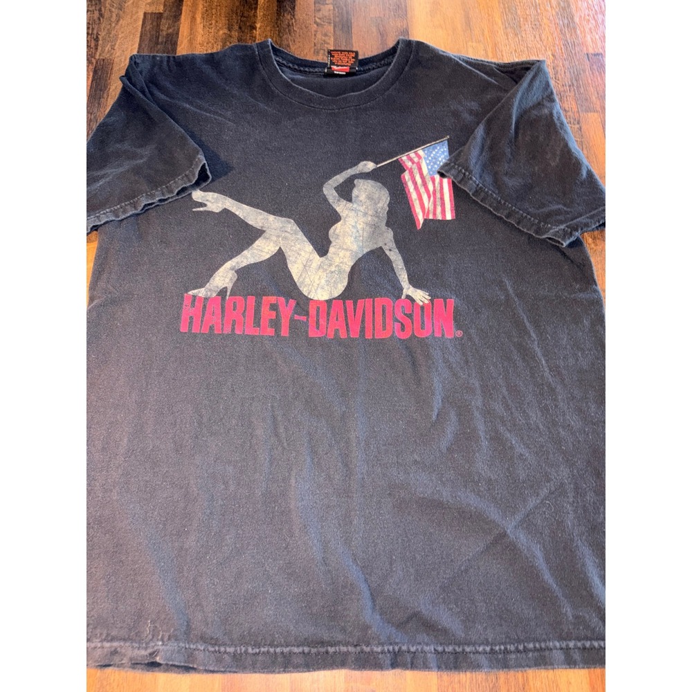 Harley-Davidson Pin Up Girl Flag T-Shirt Black Pink Sioux City IA Mens Large